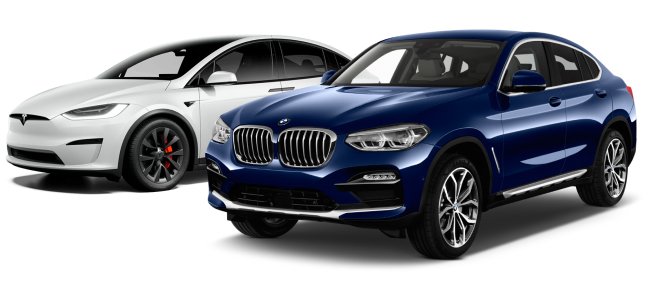 Баннер с Tesla Model X белого цвета и BMW X6 синего цвета